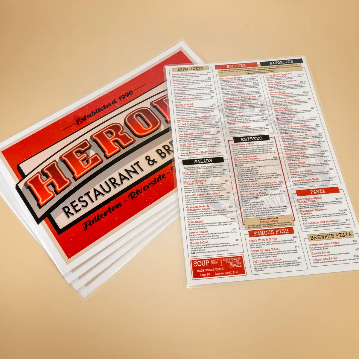 Laminated Menus: Heros Restaurant & Brewery