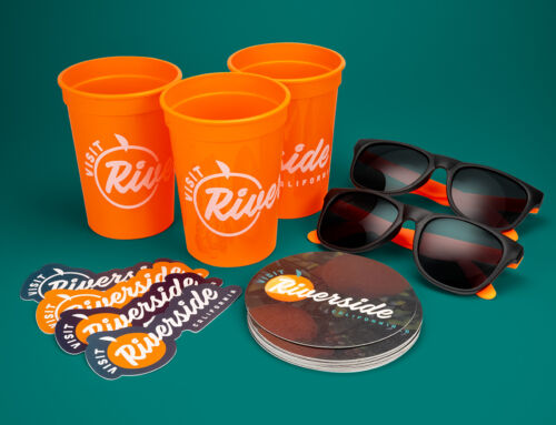 Promotional Products: Visit Riverside (Stickers, Cups, Sunglasses, Coasters)
