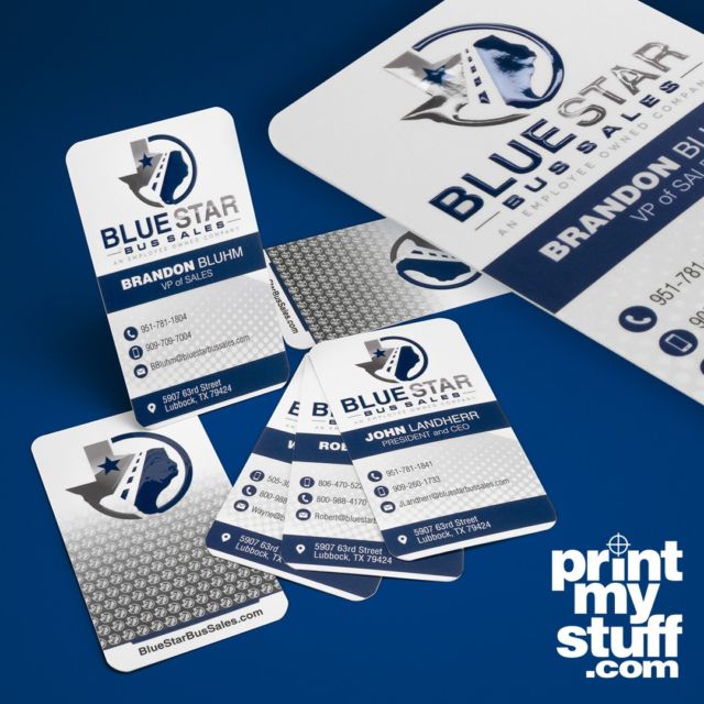 Premium business cards make a great first impression. To showcase their new logo, @bluestarbussales chose satin lamination, rounded corners and raised spot UV.

#businesscards #spotuv #printing #printmystuff